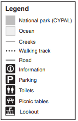 Map legend and trail key for self-guided boardwalk walking tracks in Cape Tribulation and Daintree