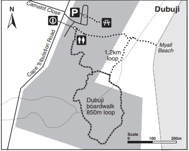 Trail route map for the Dubuji Boardwalk leading through tropical rainforest to Cape Tribulation beach