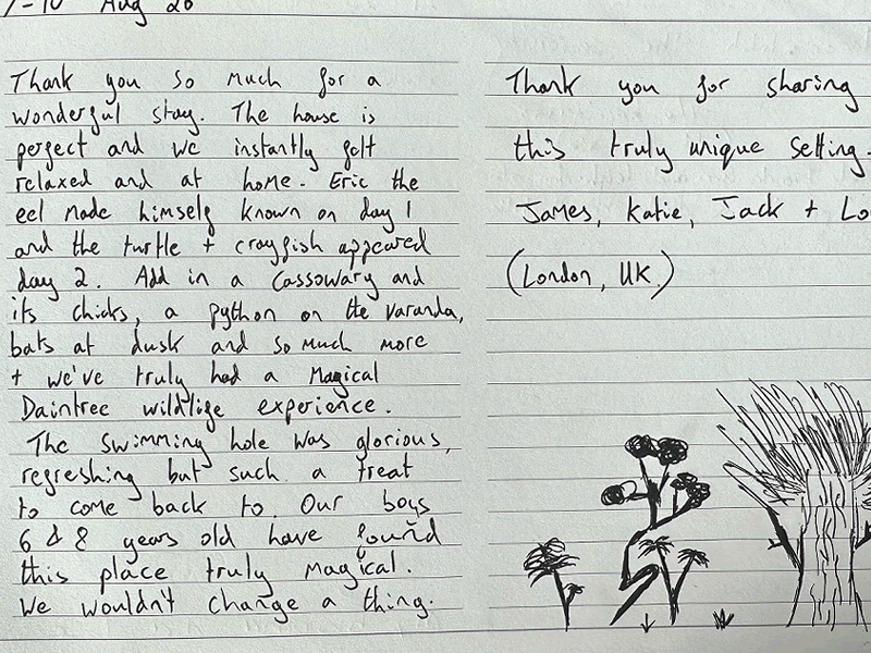 Handwritten guestbook review from August praising their holiday stay at Daintree Secrets Eco Retreat