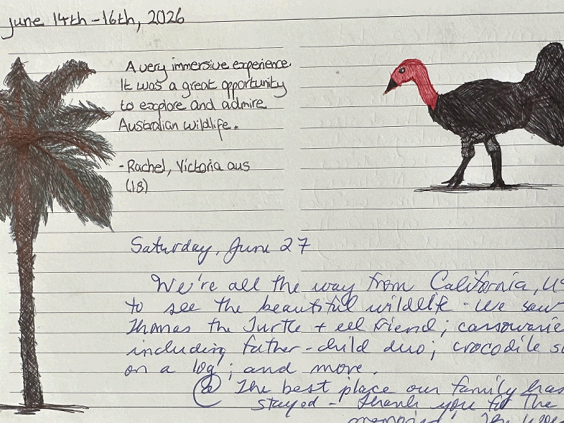 Handwritten eco private home visitor book entry from June reviewing the immersive experience