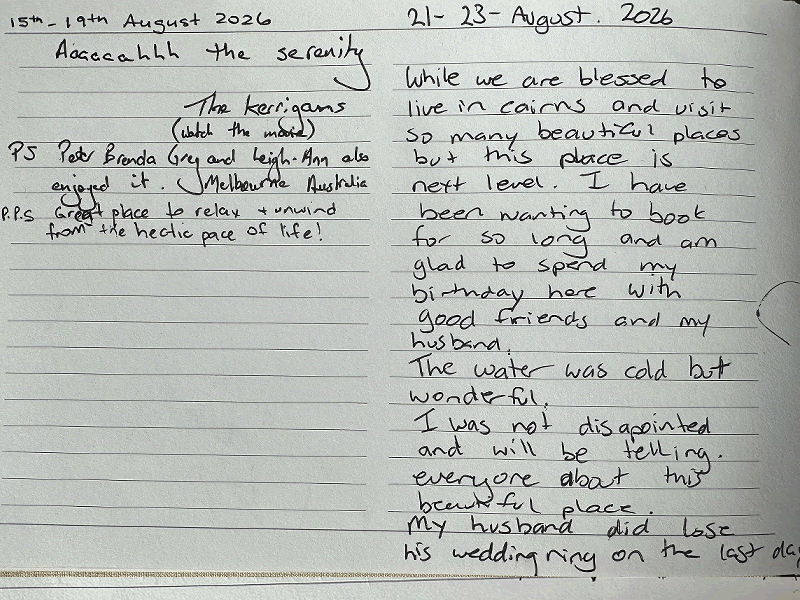Handwritten sanctuary guestbook feedback from August describing the local native bird watching tracks