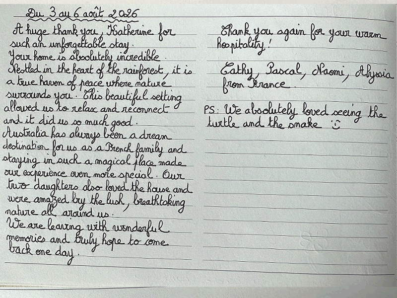 Handwritten vacation home review from August detailing safe crocodile-free swimming pools
