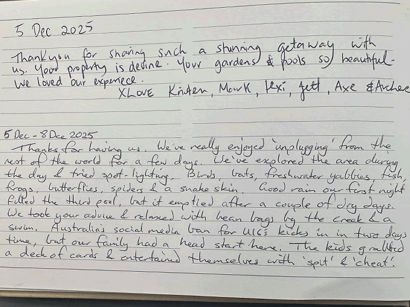 Handwritten guestbook review from December praising their holiday stay at Daintree Secrets Eco Retreat