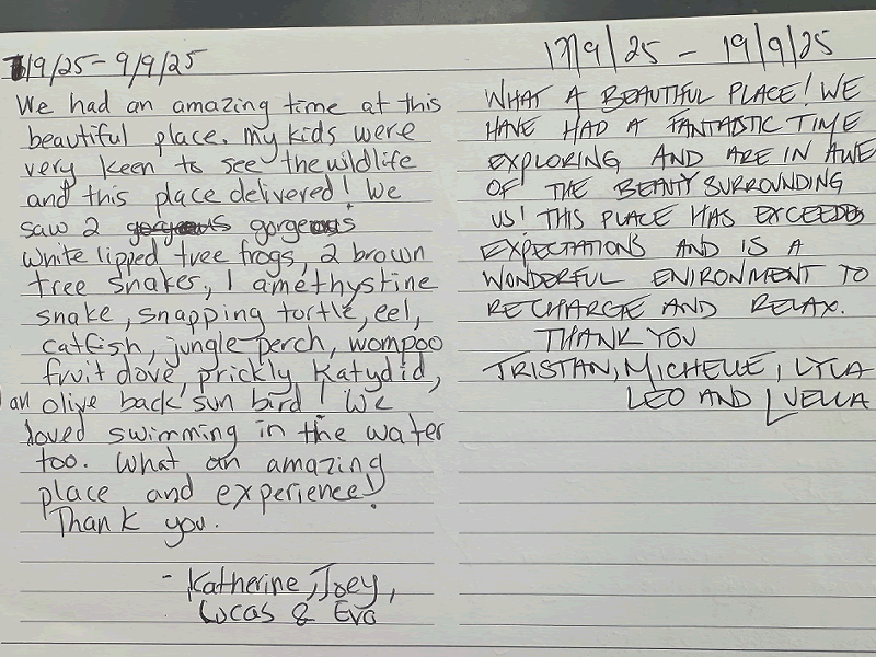 Handwritten sanctuary guestbook feedback from July describing the local native bird watching tracks