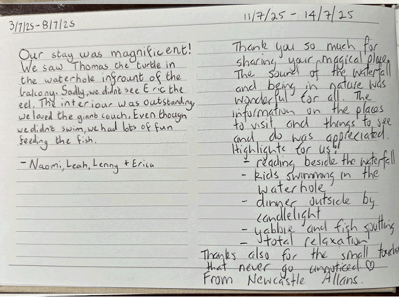 Handwritten vacation home review from July detailing safe crocodile-free swimming pools