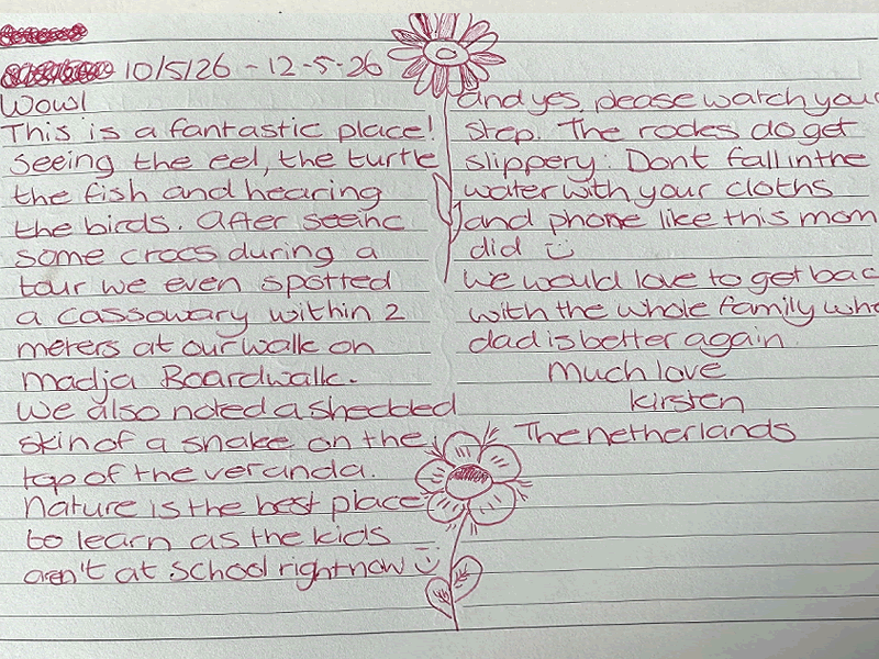 Handwritten explorer feedback from May reviewing the property and surrounds