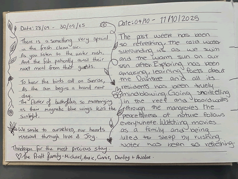 Handwritten eco cabin visitor book entry from September reviewing the property amenities