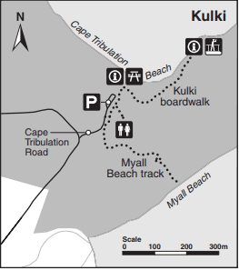 Route map for the Kulki Boardwalk showcasing views of the Daintree Rainforest, Coral Sea, and beach