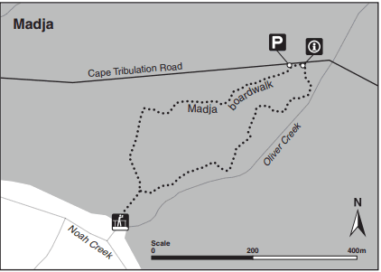Environmental trail map for the Marrdja Boardwalk tracking through rainforest and Noah's Creek mangroves